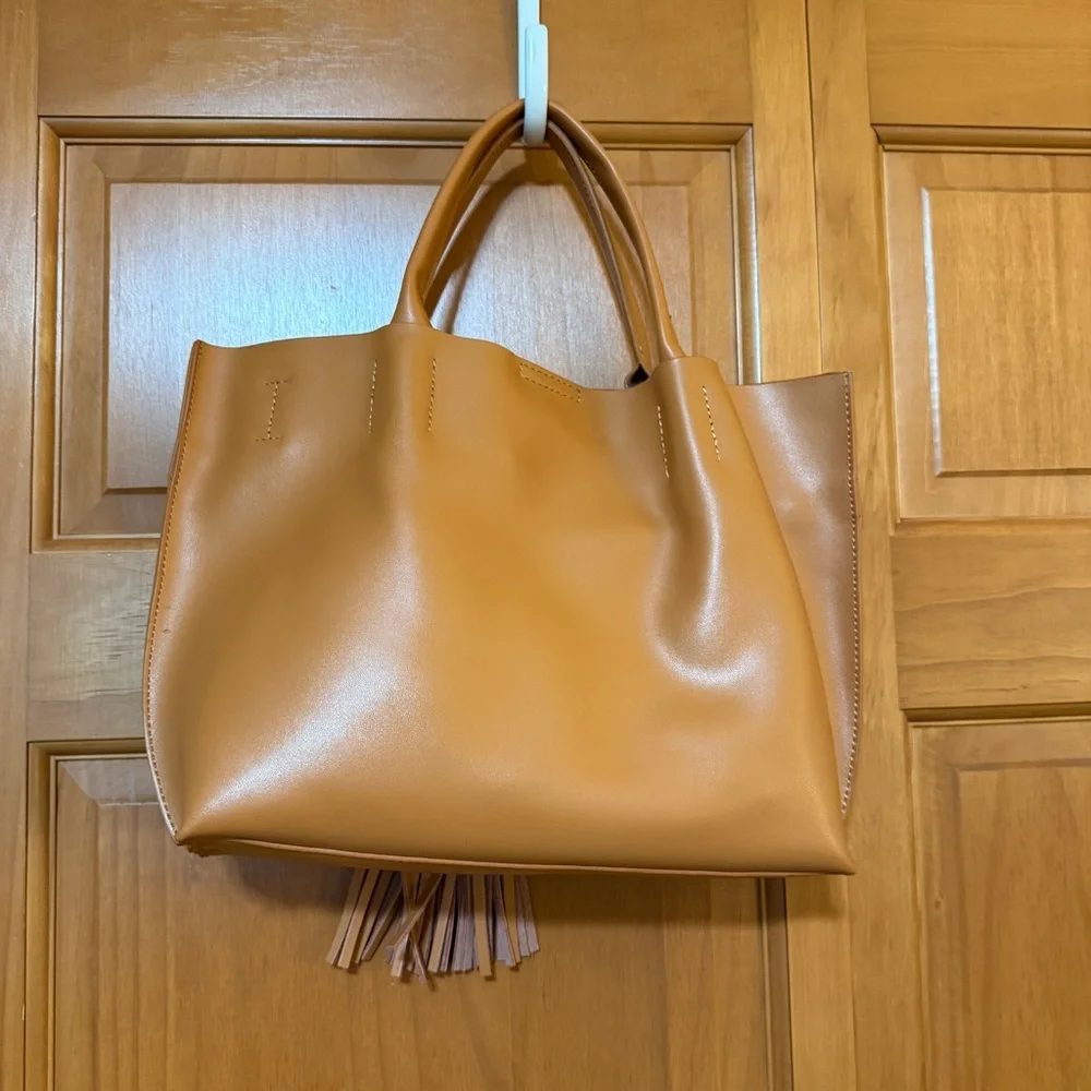 Colab Cognac Tote Bag with Tassel and Removable Shoulder Strap